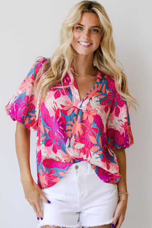 Rose Tropical Plant Printed V Neck Puff Sleeve Blouse
