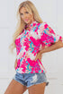 Rose Tropical Plant Printed V Neck Puff Sleeve Blouse
