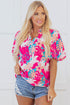 Rose Tropical Plant Printed V Neck Puff Sleeve Blouse