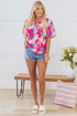 Rose Tropical Plant Printed V Neck Puff Sleeve Blouse