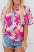 Rose Tropical Plant Printed V Neck Puff Sleeve Blouse