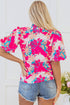 Rose Tropical Plant Printed V Neck Puff Sleeve Blouse