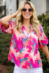 Rose Tropical Plant Printed V Neck Puff Sleeve Blouse