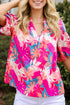 Rose Tropical Plant Printed V Neck Puff Sleeve Blouse