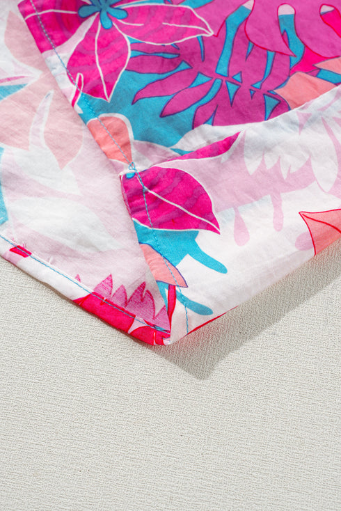 Rose Tropical Plant Printed V Neck Puff Sleeve Blouse