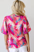 Rose Tropical Plant Printed V Neck Puff Sleeve Blouse
