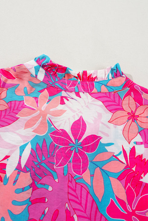 Rose Tropical Plant Printed V Neck Puff Sleeve Blouse