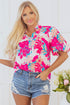 Rose Tropical Plant Printed V Neck Puff Sleeve Blouse