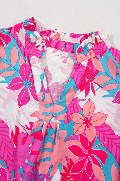 Rose Tropical Plant Printed V Neck Puff Sleeve Blouse