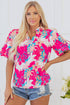 Rose Tropical Plant Printed V Neck Puff Sleeve Blouse