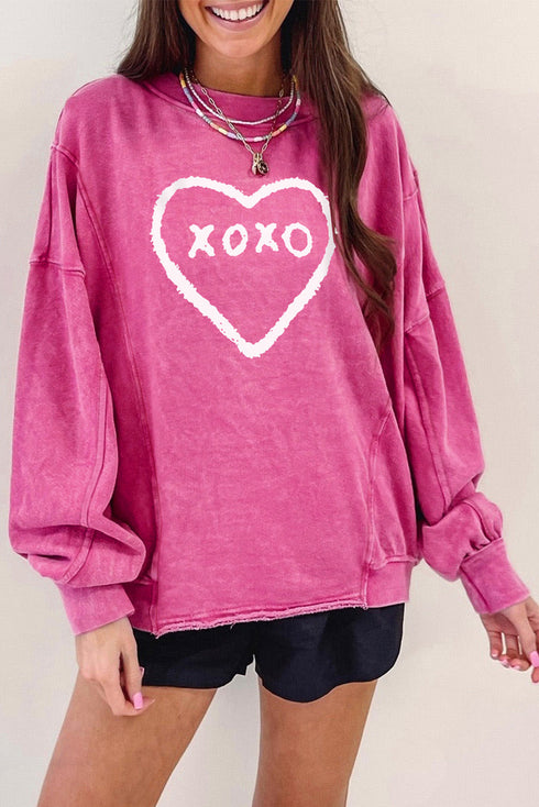 Rose Xoxo Heart Shaped Glitter Print Pullover Sweatshirt