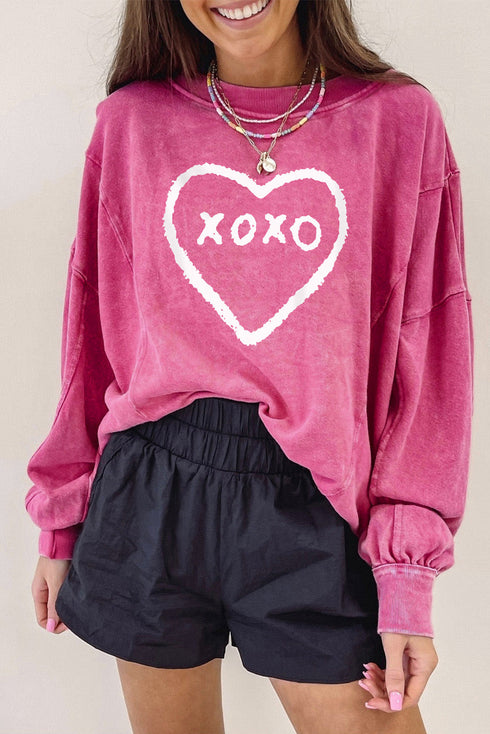Rose Xoxo Heart Shaped Glitter Print Pullover Sweatshirt