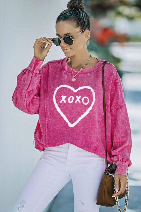Rose Xoxo Heart Shaped Glitter Print Pullover Sweatshirt
