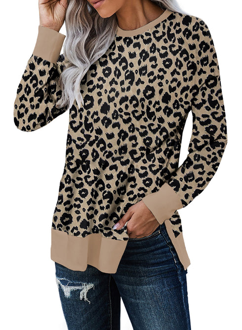 Round Neck Long Sleeve Leopard Print Loose Fit Sweatshirt