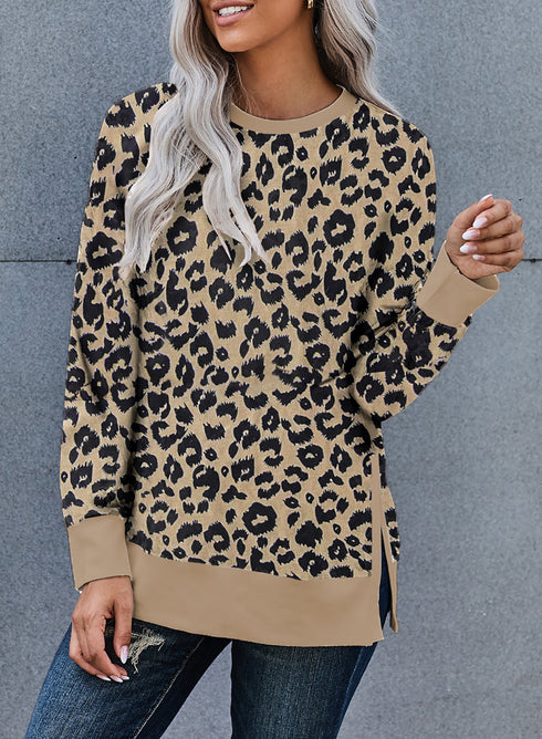Round Neck Long Sleeve Leopard Print Loose Fit Sweatshirt