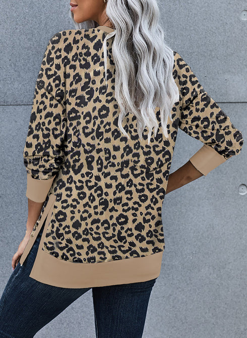 Round Neck Long Sleeve Leopard Print Loose Fit Sweatshirt