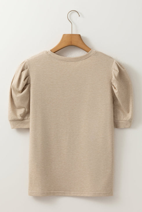 Round Neck Ruched Puff Sleeve Soft Blend Top