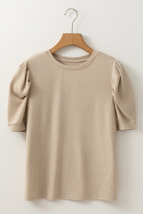Round Neck Ruched Puff Sleeve Soft Blend Top