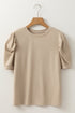 Round Neck Ruched Puff Sleeve Soft Blend Top