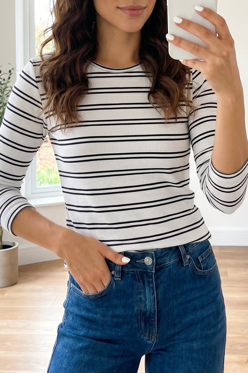 Round Neck Striped Ribbed Knit Long Sleeve Top