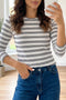 Round Neck Striped Ribbed Knit Long Sleeve Top