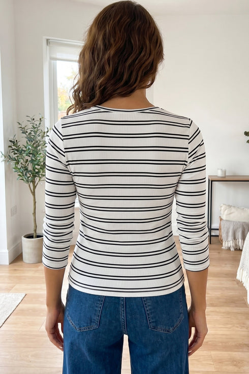 Round Neck Striped Ribbed Knit Long Sleeve Top