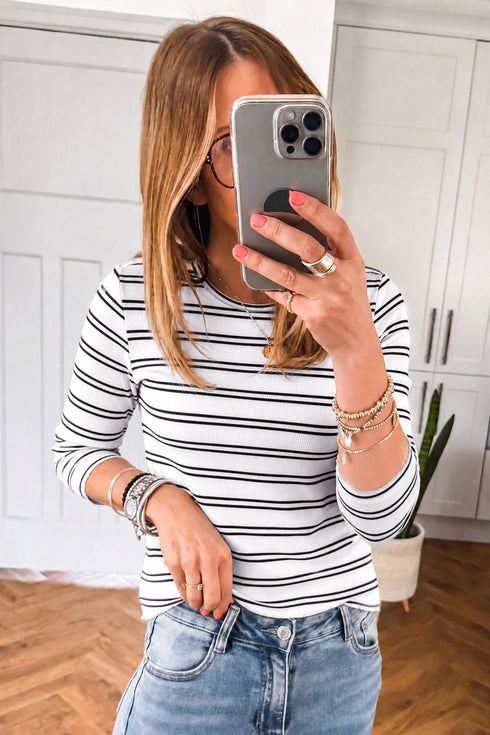 Round Neck Striped Ribbed Knit Long Sleeve Top