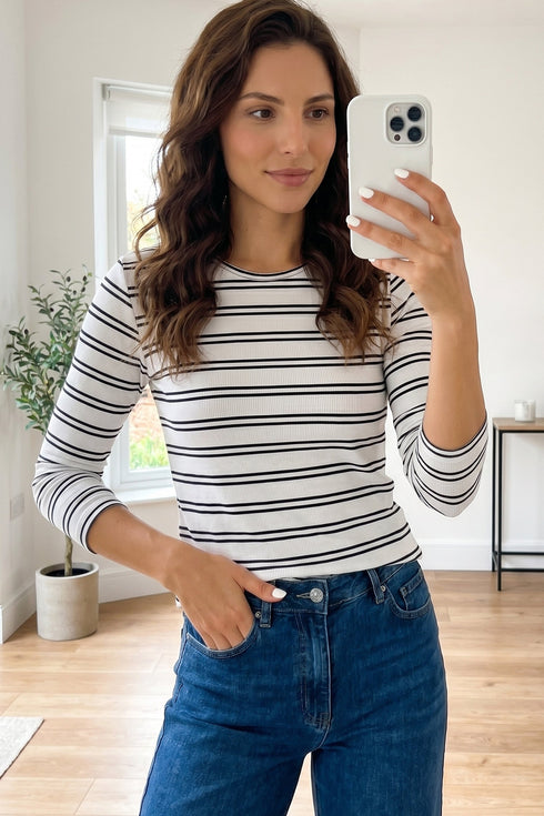 Round Neck Striped Ribbed Knit Long Sleeve Top