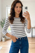 Round Neck Striped Ribbed Knit Long Sleeve Top