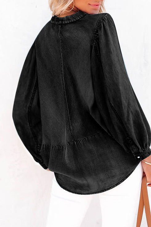 Ruched Balloon Sleeve Split V Neck Denim Blouse