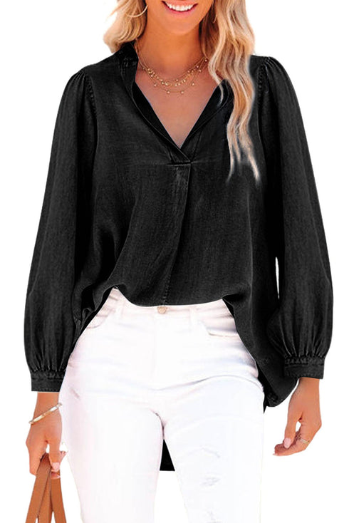Ruched Balloon Sleeve Split V Neck Denim Blouse