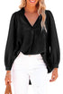 Ruched Balloon Sleeve Split V Neck Denim Blouse