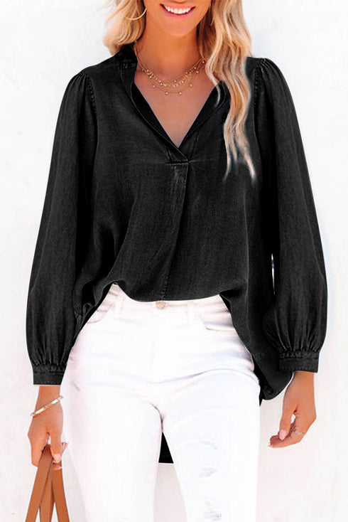 Ruched Balloon Sleeve Split V Neck Denim Blouse