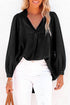 Ruched Balloon Sleeve Split V Neck Denim Blouse