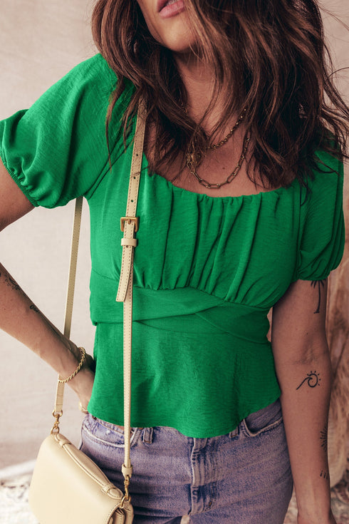 Ruched Crossed Waist Tied Back Short Sleeve Peplum Top
