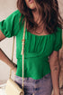 Ruched Crossed Waist Tied Back Short Sleeve Peplum Top