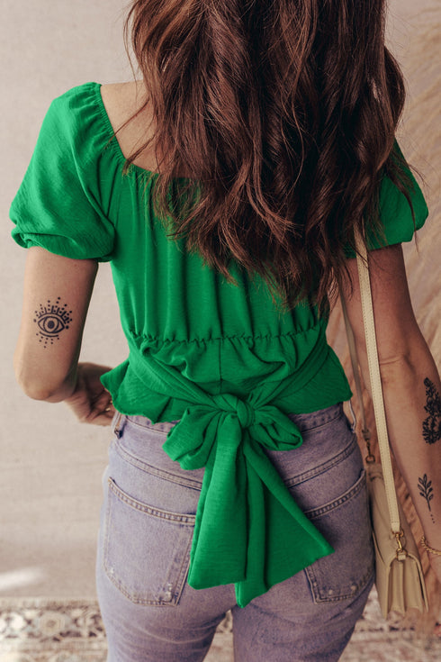 Ruched Crossed Waist Tied Back Short Sleeve Peplum Top