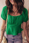 Ruched Crossed Waist Tied Back Short Sleeve Peplum Top