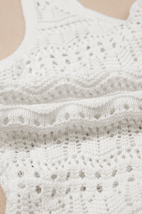 Ruched Drawstring Front V Neck Open Knit Tank