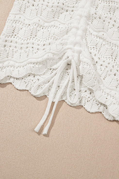 Ruched Drawstring Front V Neck Open Knit Tank