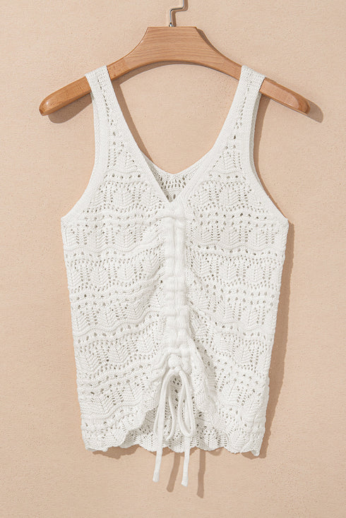 Ruched Drawstring Front V Neck Open Knit Tank