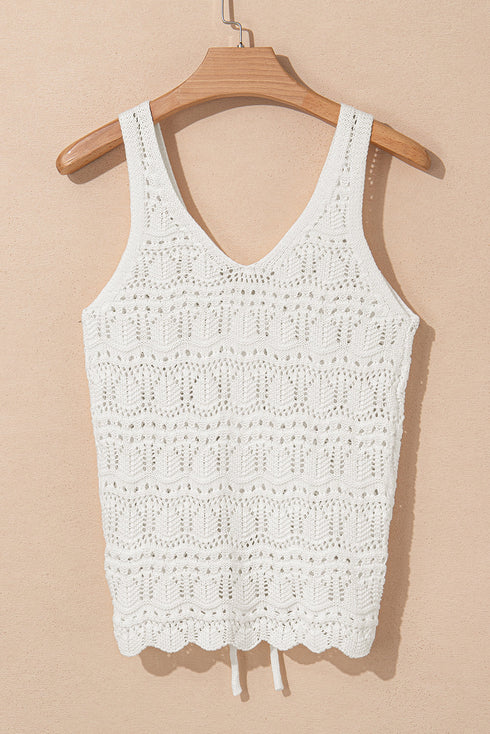 Ruched Drawstring Front V Neck Open Knit Tank