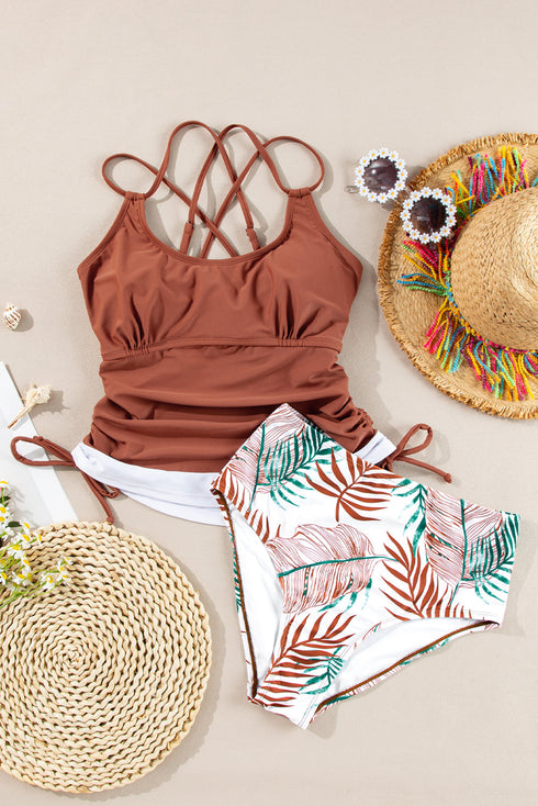 Ruched Side Tie Strap Leaf Print Tankini Set