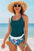 Ruched Side Tie Strap Leaf Print Tankini Set
