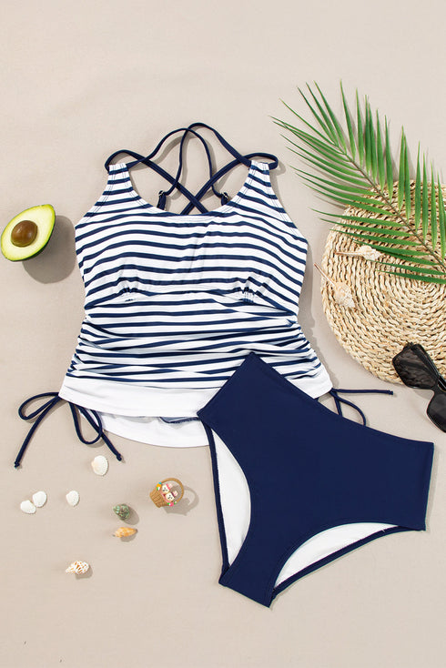 Ruched Side Tie Strap Leaf Print Tankini Set