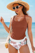 Ruched Side Tie Strap Leaf Print Tankini Set