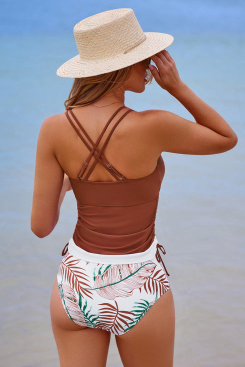 Ruched Side Tie Strap Leaf Print Tankini Set
