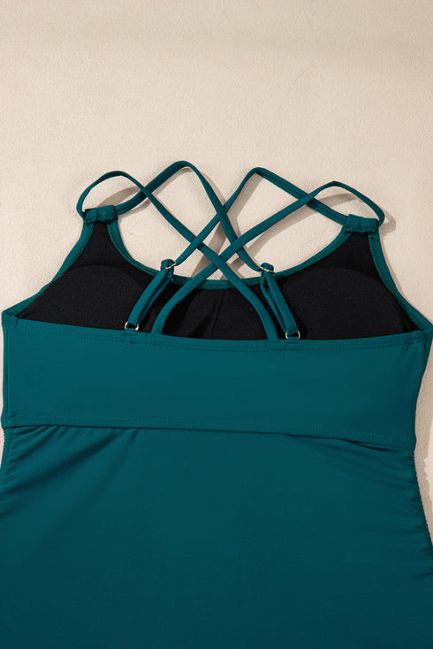 Ruched Side Tie Strap Leaf Print Tankini Set