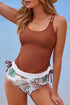 Ruched Side Tie Strap Leaf Print Tankini Set