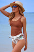 Ruched Side Tie Strap Leaf Print Tankini Set